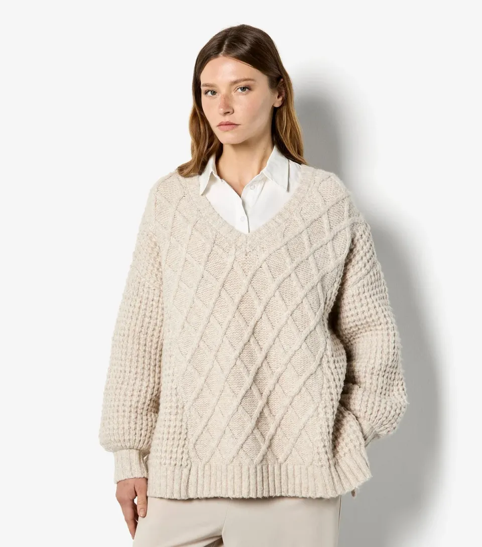 Women's Stone Cable Mixed Chunky Knit Jumper