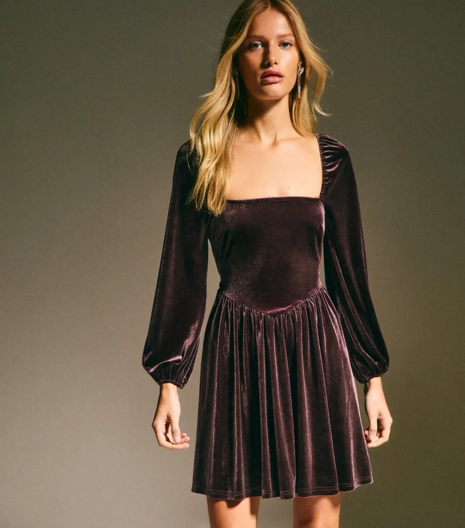 Women's Black Velvet Square Neck Mini Dress