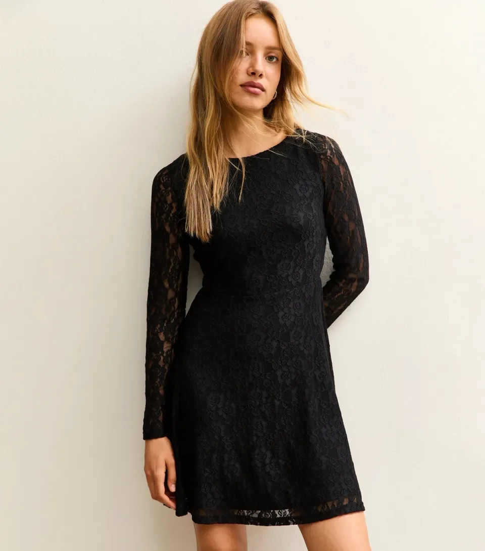 Women's Green Lace Long Sleeved Skater Mini Dress