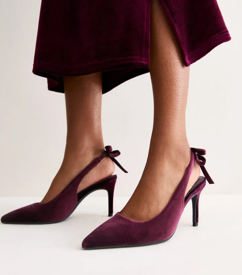 Women's Dark Burgundy Velvet Bow Slingback Strap Heels Vegan