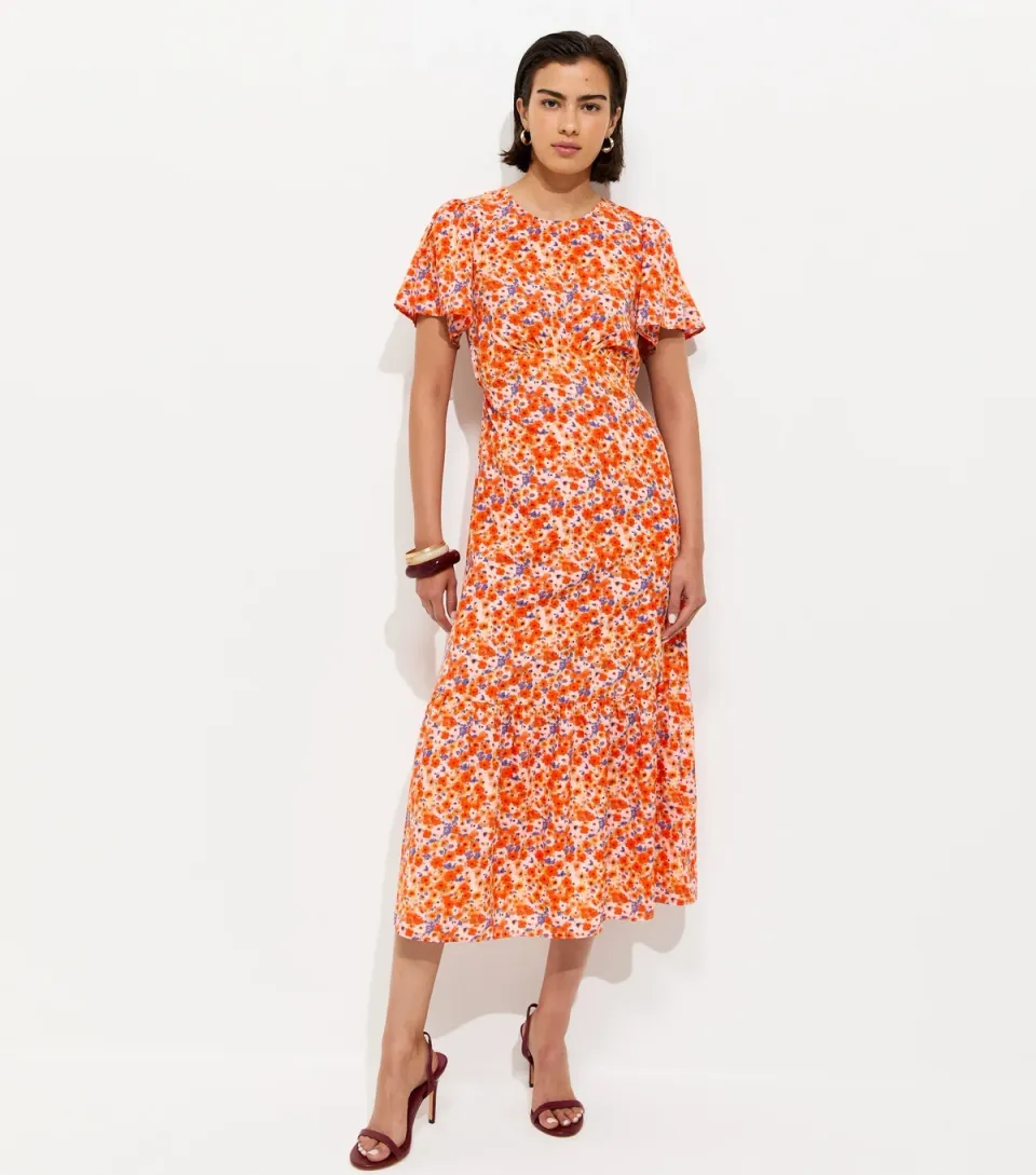 Women's Orange Floral Print Crepe Short Sleeve Midi Dress