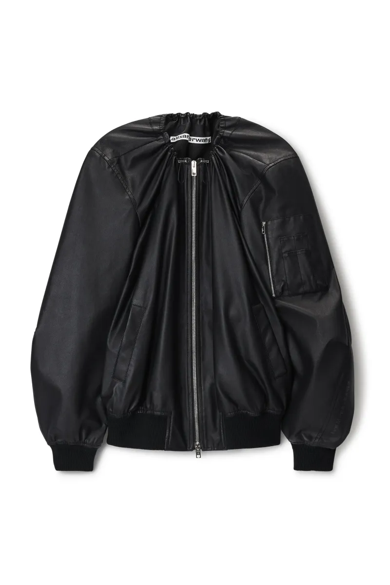 Leather scoop neck bomber jacket
