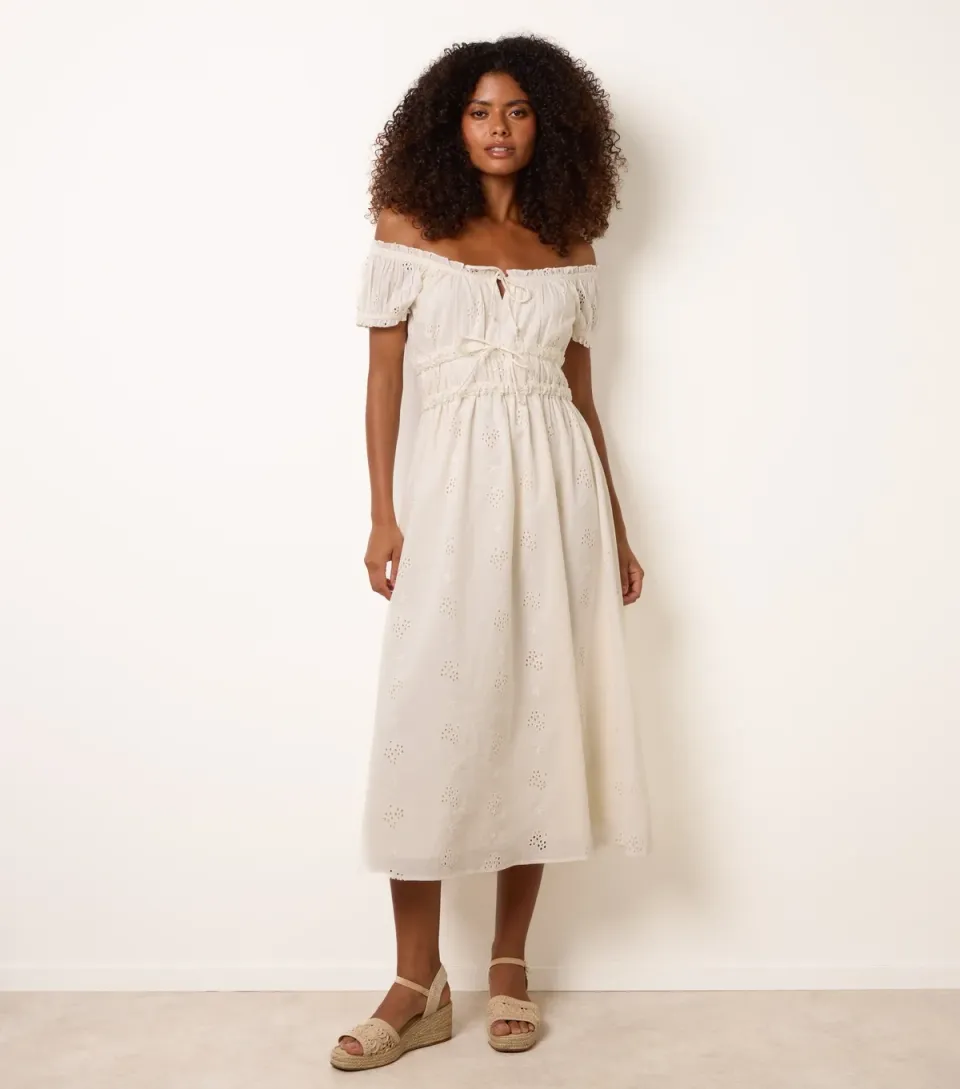 Women's Off White Broderie Anglaise Off The Shoulder Midi Dress