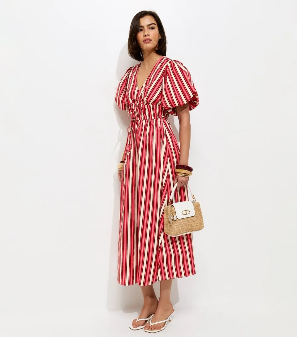 Women's Pink Cotton Striped Puff Sleeve Midi Dress