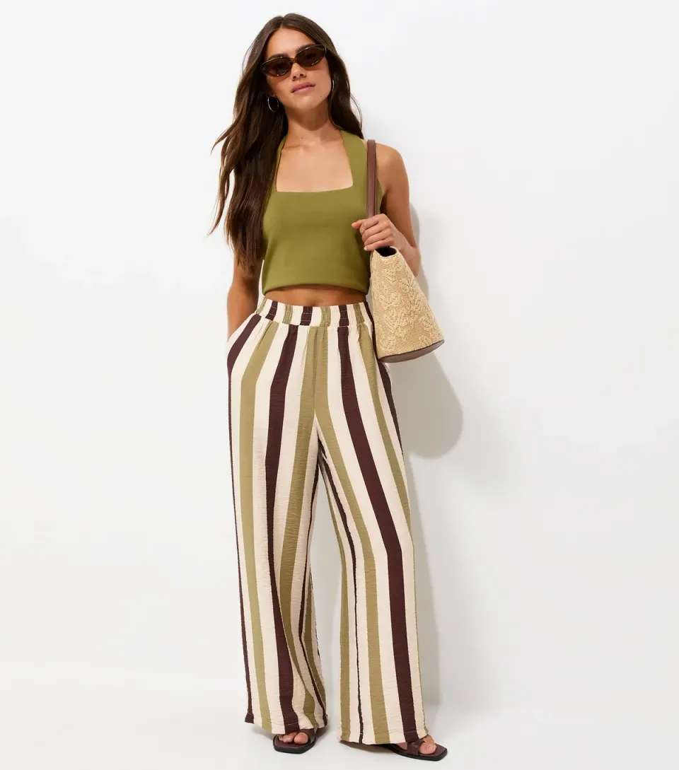 Women's Petite Green Striped Wide Leg Trousers