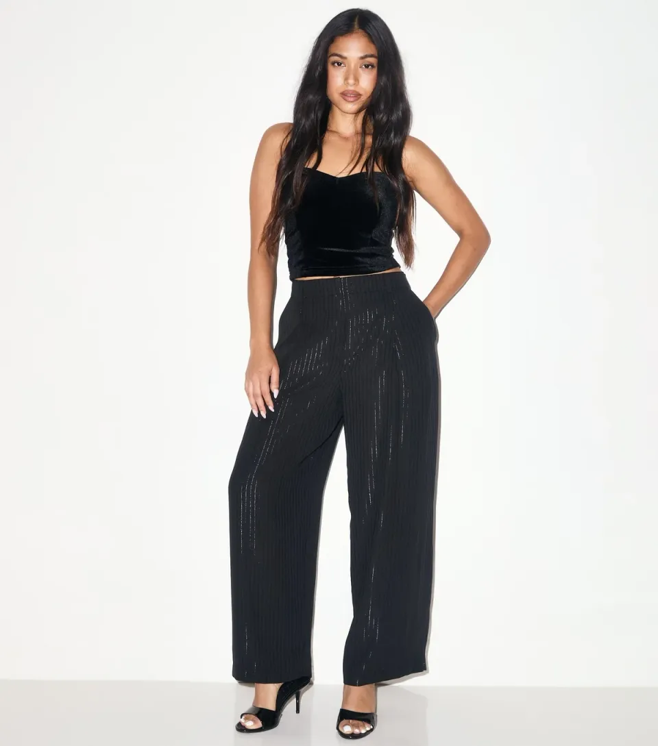Women's Petite Black Metallic Stripe Wide Leg Tailored Trousers