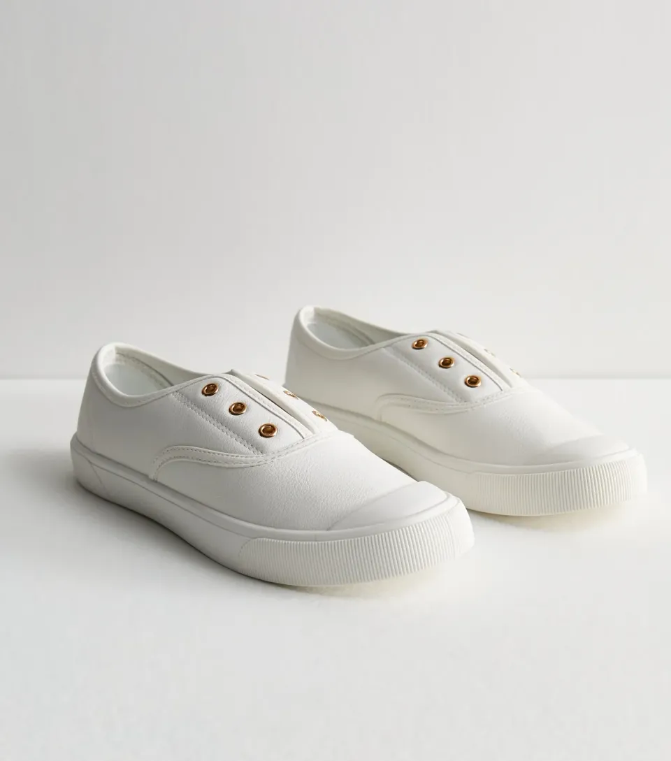 Women's White Leather-Look Laceless Trainers