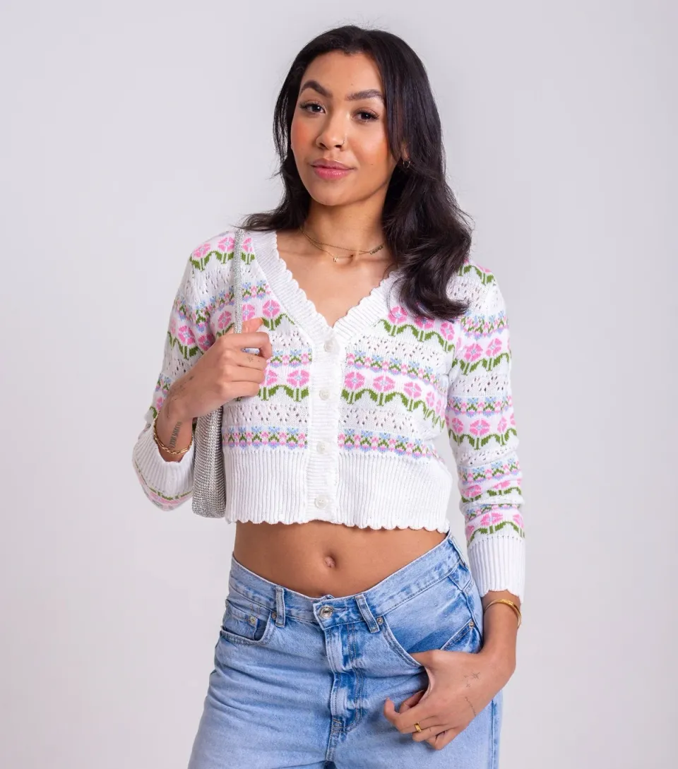 Women's White Pointelle Flower Pattern Crop Cardigan
