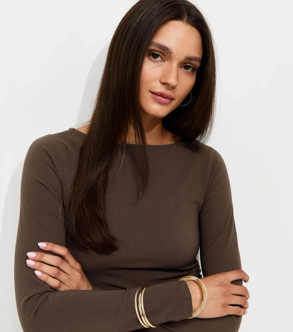 Women's Dark Brown Jersey Long Sleeve Ruched Top