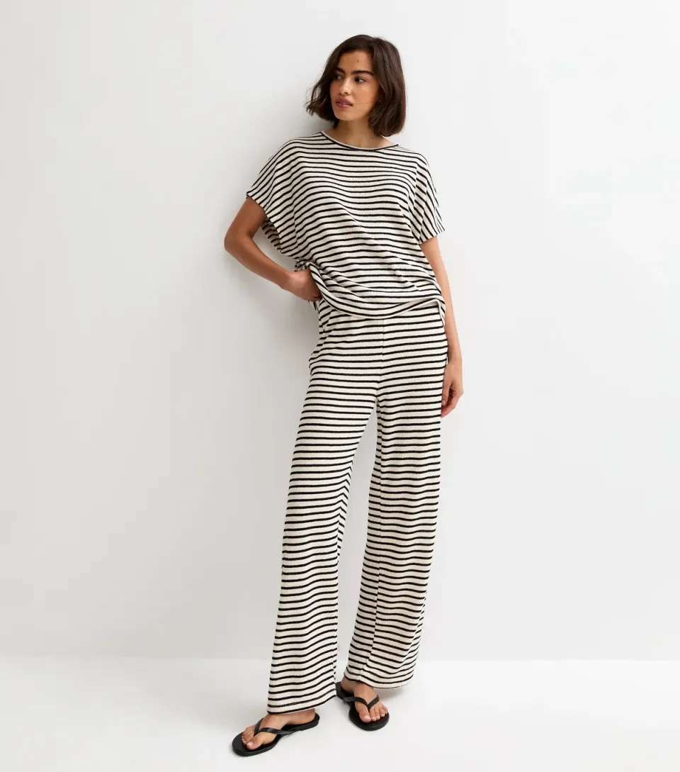 Women's Cream Textured Striped Wide Leg Trousers