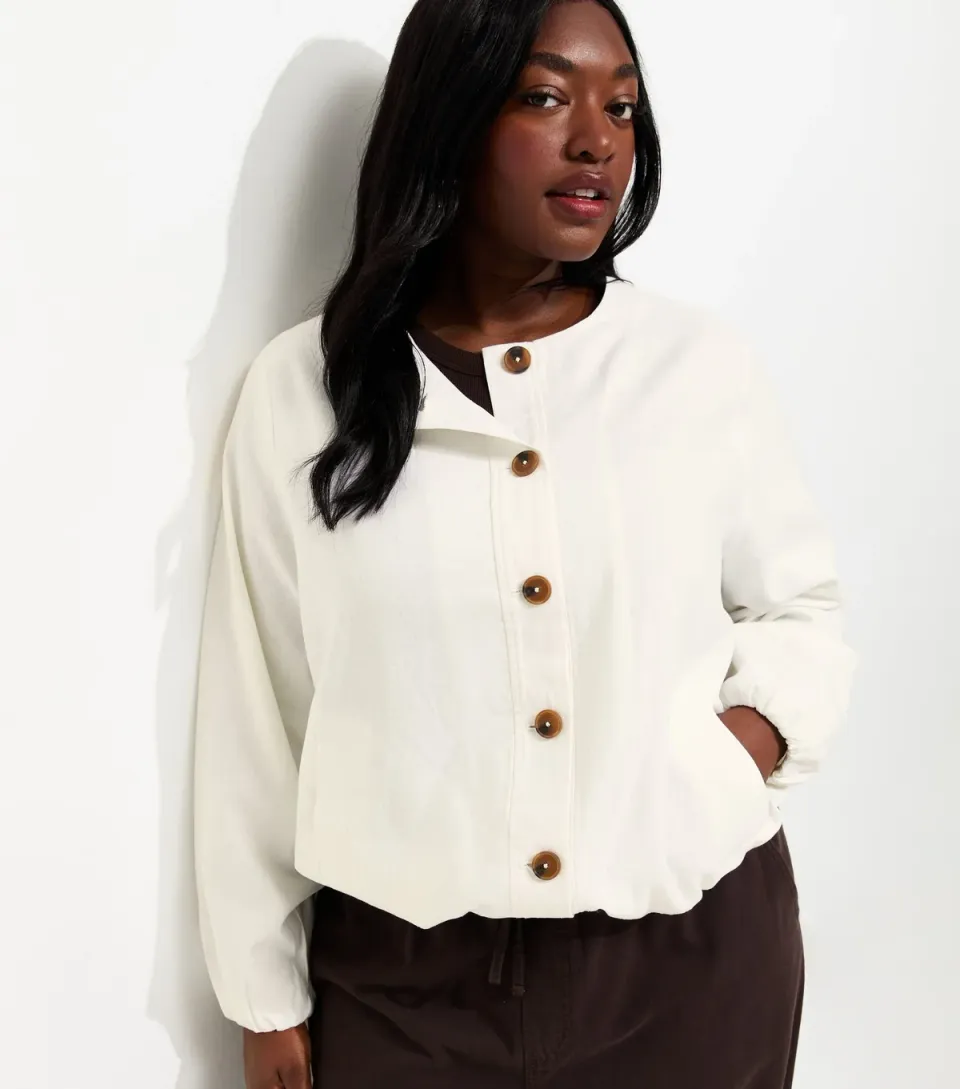 Women's Plus Size White Linen Button Through Bomber Jacket Curves