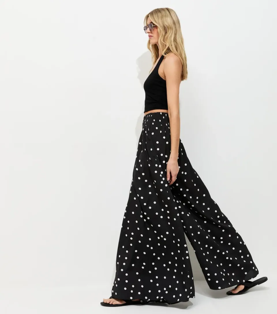 Women's Tall Black Crepe Polka Dot Palazzo