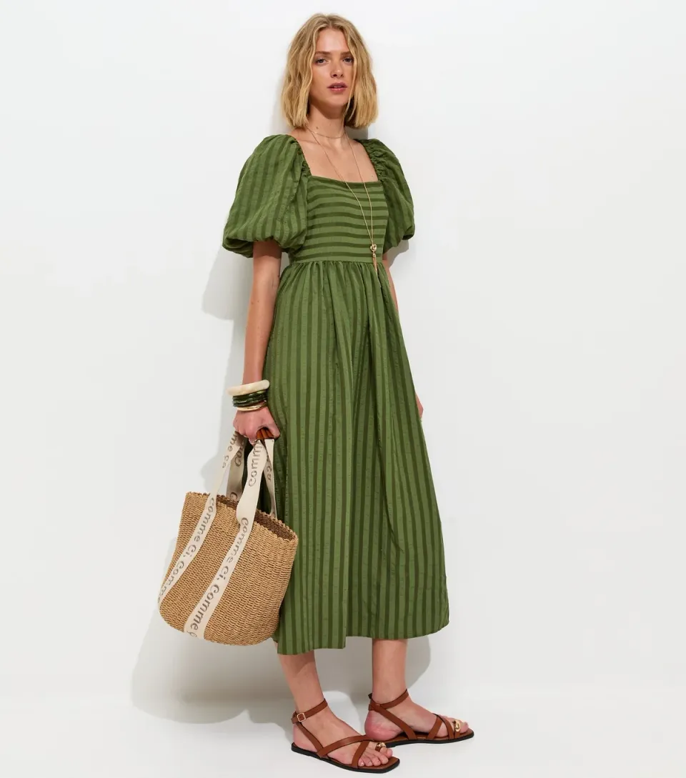 Women's Khaki Puff Sleeve Striped Midi Dress