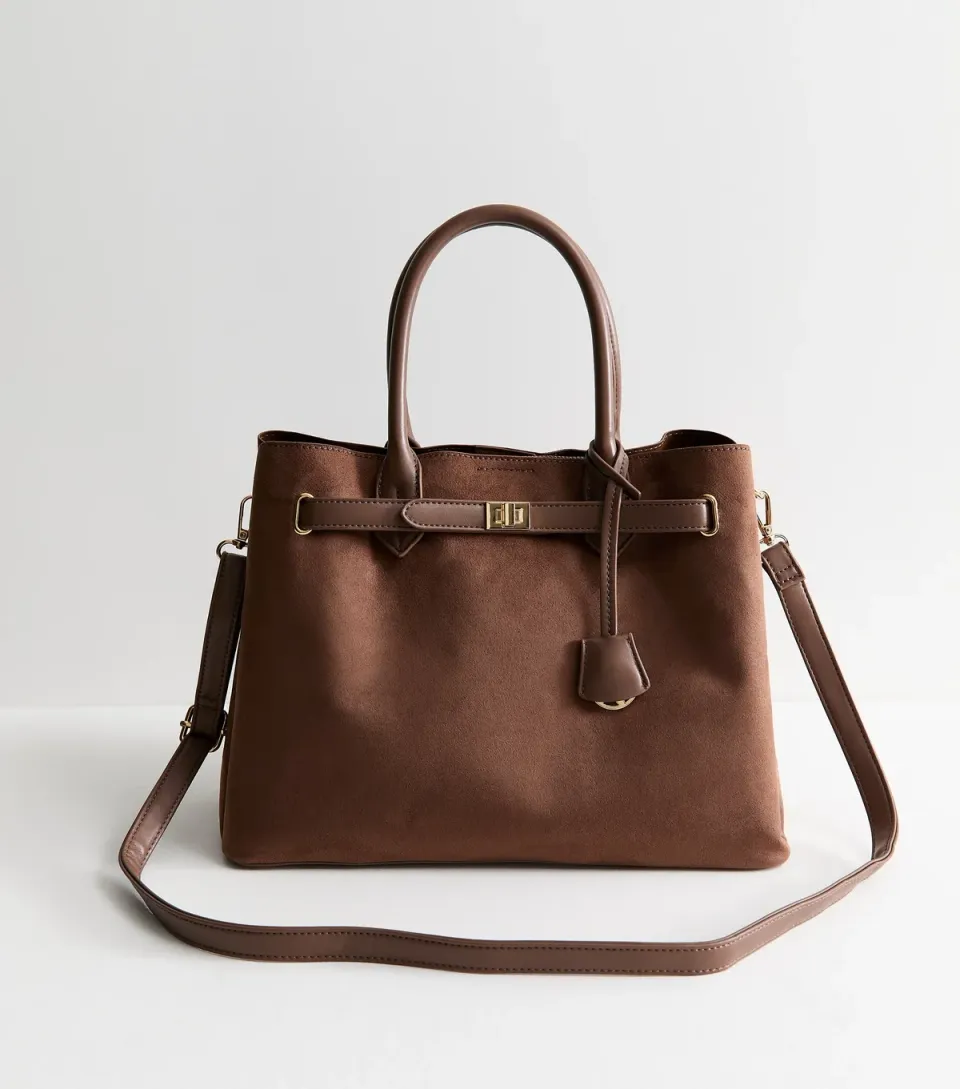Mink Faux Leather and Faux Suede Belted Tote Bag