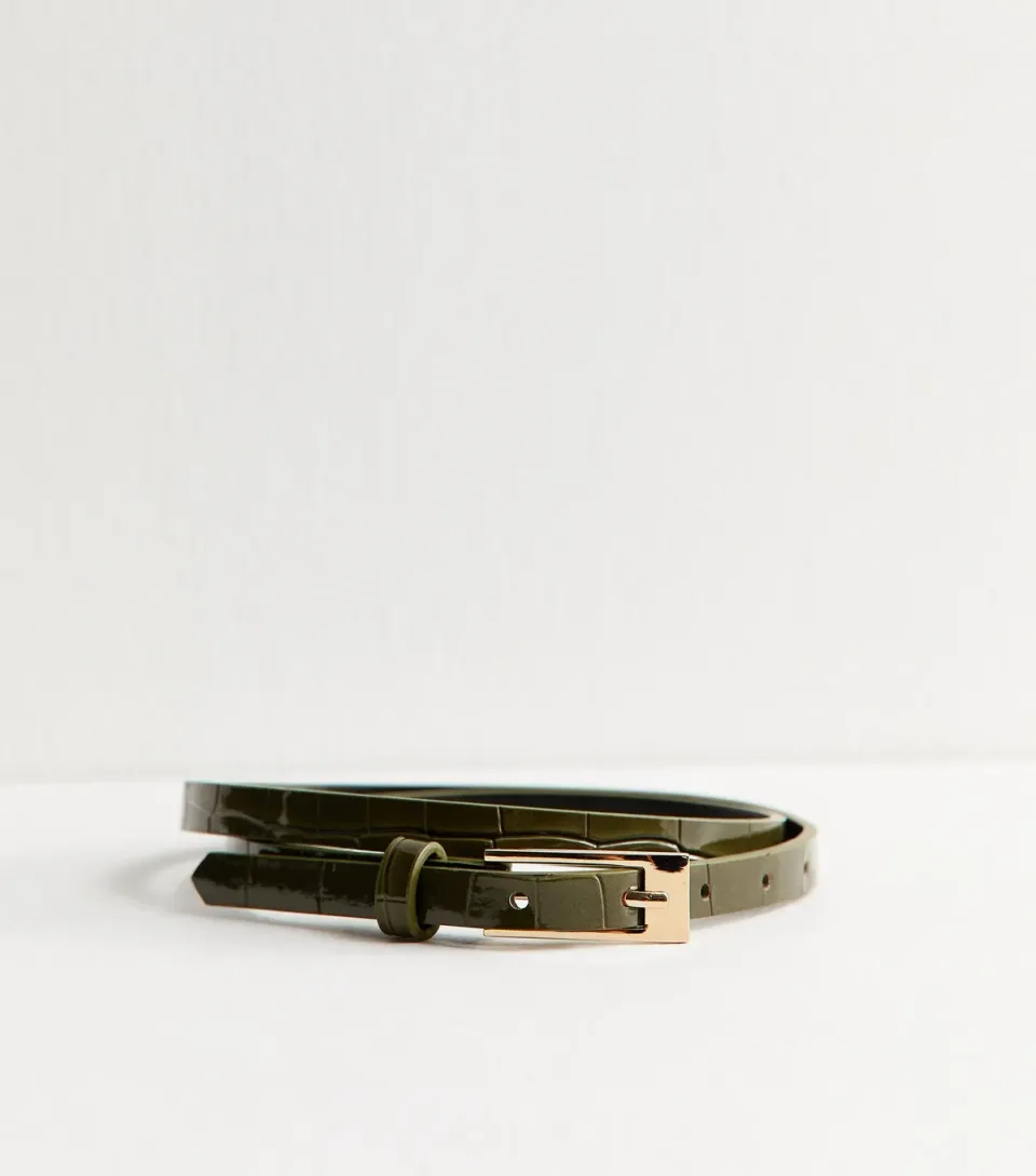 Dark Khaki Faux Leather Croc Embossed Skinny Belt