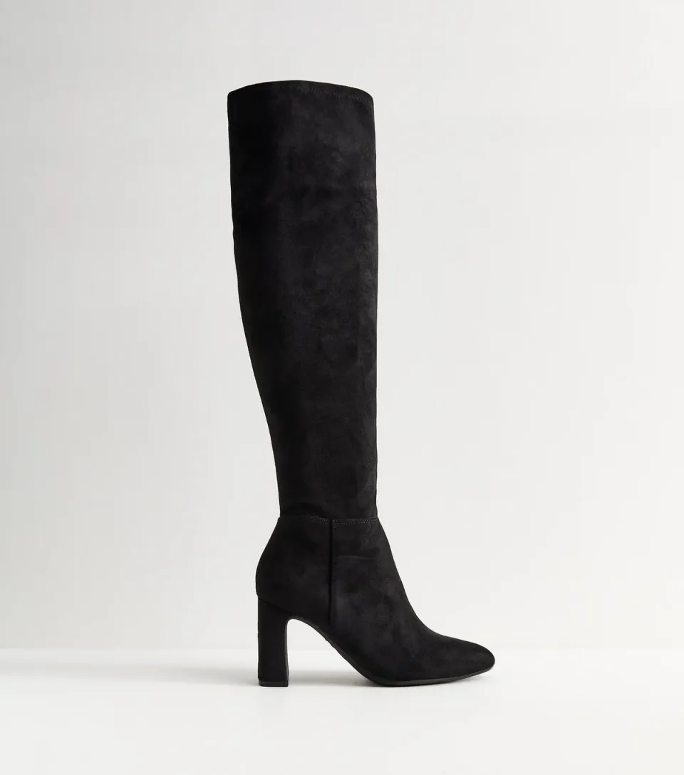 Women's Black Faux Suede Thigh High Boots Vegan