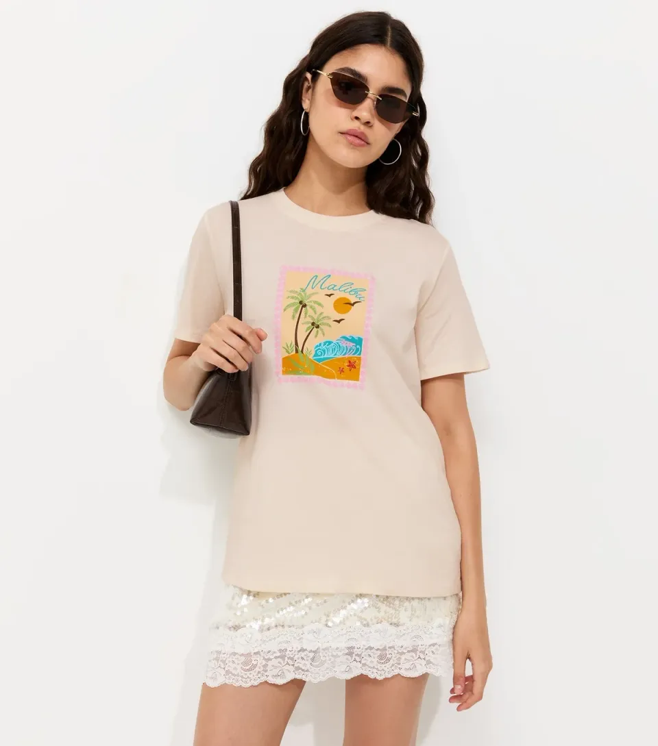Women's Off White Cotton Malibu Beach Print T-Shirt