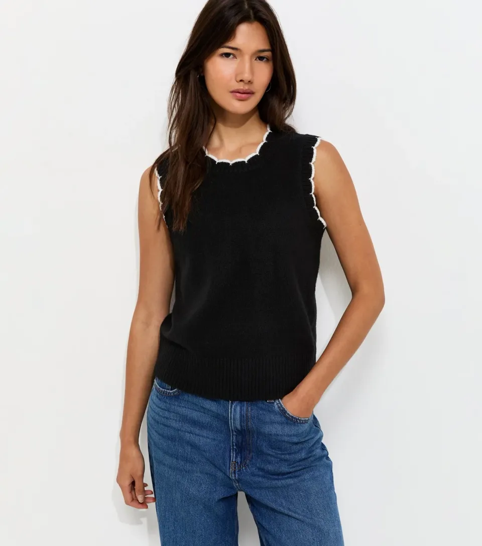 Women's Black Contrast Trim Scalloped Edge Knitted Tabard Vest