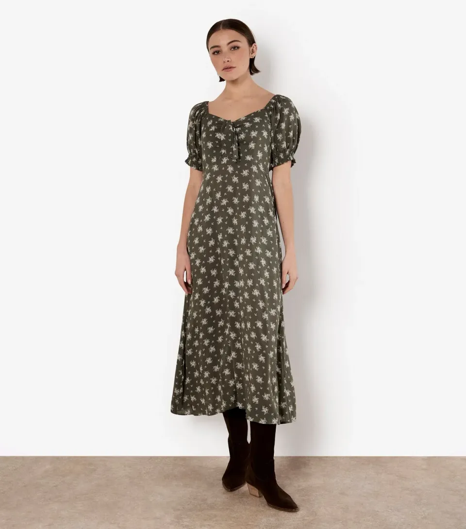 Women's Khaki Floral Print Midi Dress