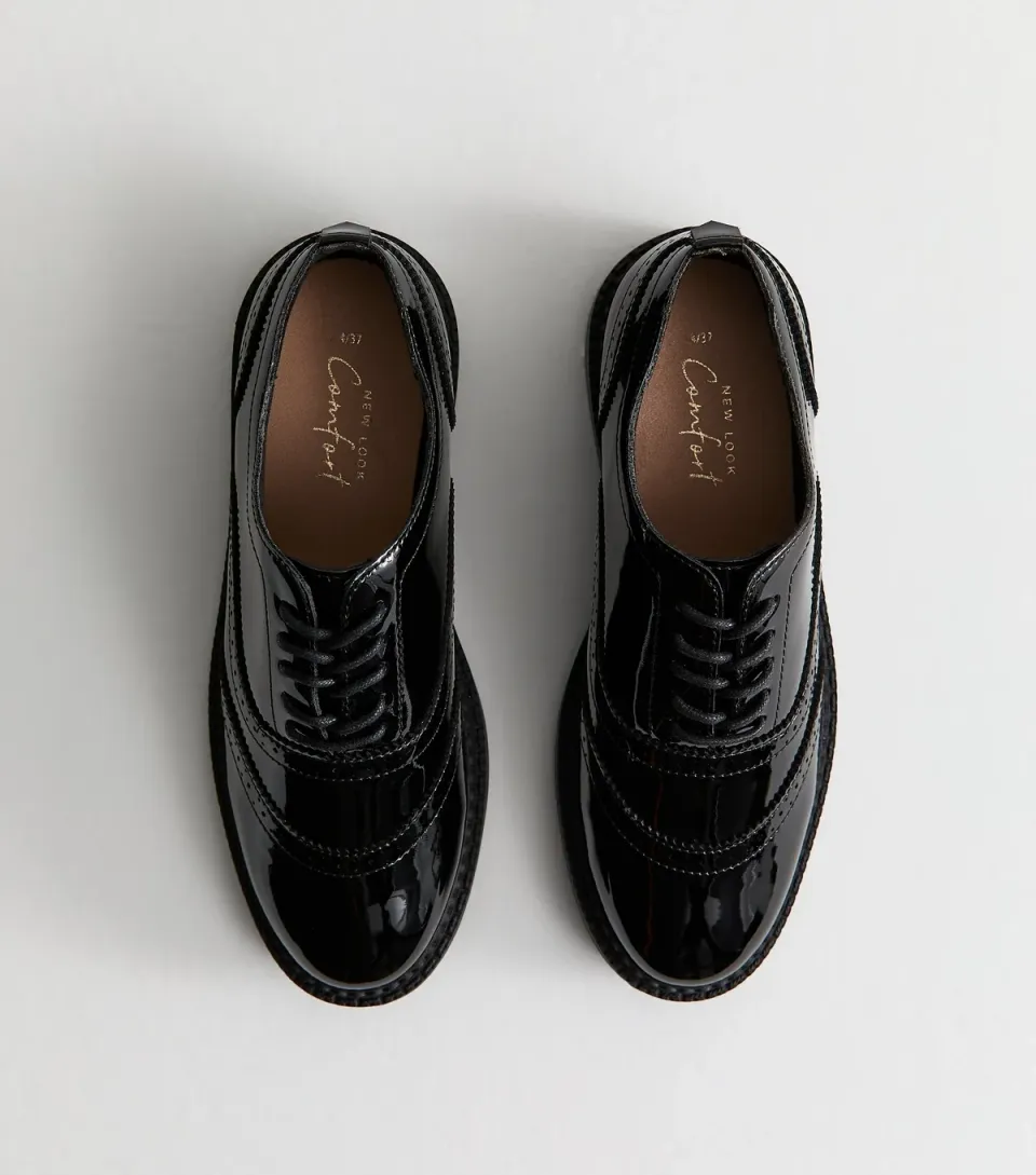 Women's Black Faux Leather Patent-Look Brogues Vegan