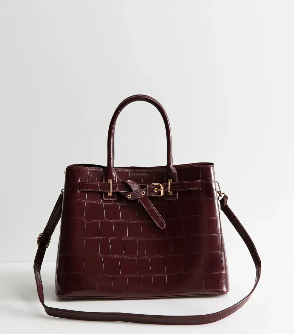 Dark Burgundy Faux Leather Belted Crocodile Embossed Tote Bag
