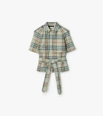 Cropped Check Linen Wool Trench Shirt in Pale slate blue/black