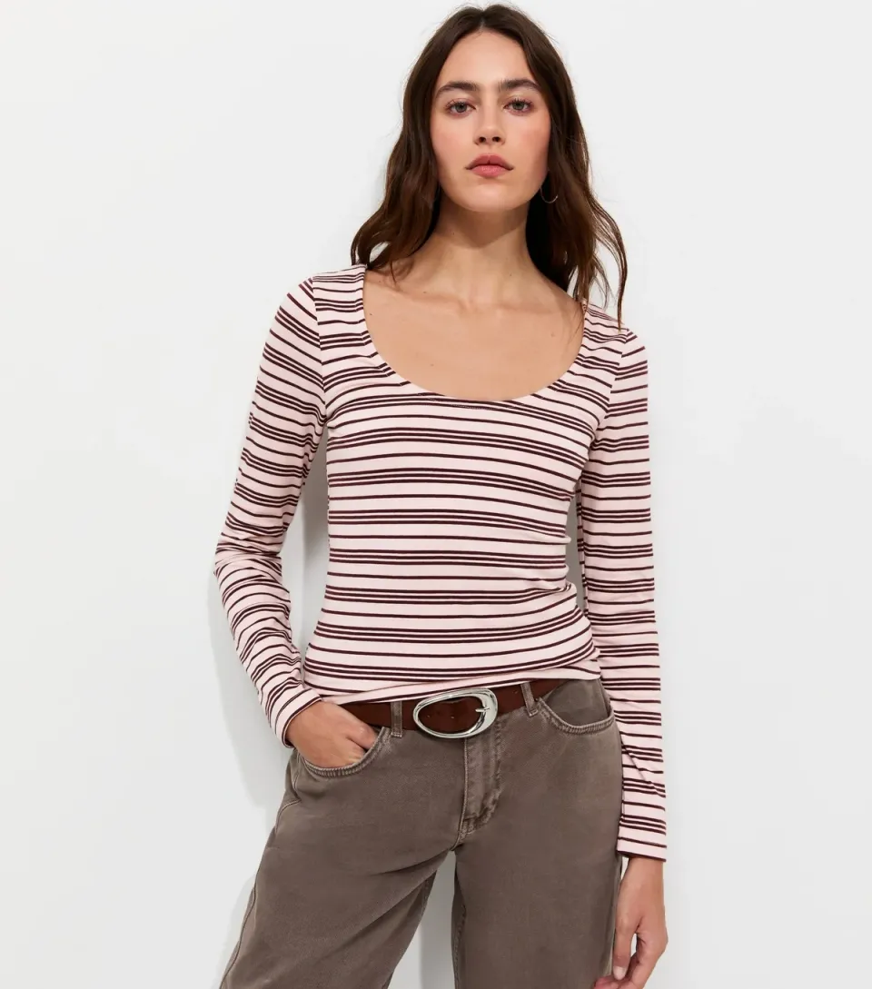 Women's Pink Cotton Rich Striped Long Sleeve Scoop Neck Top