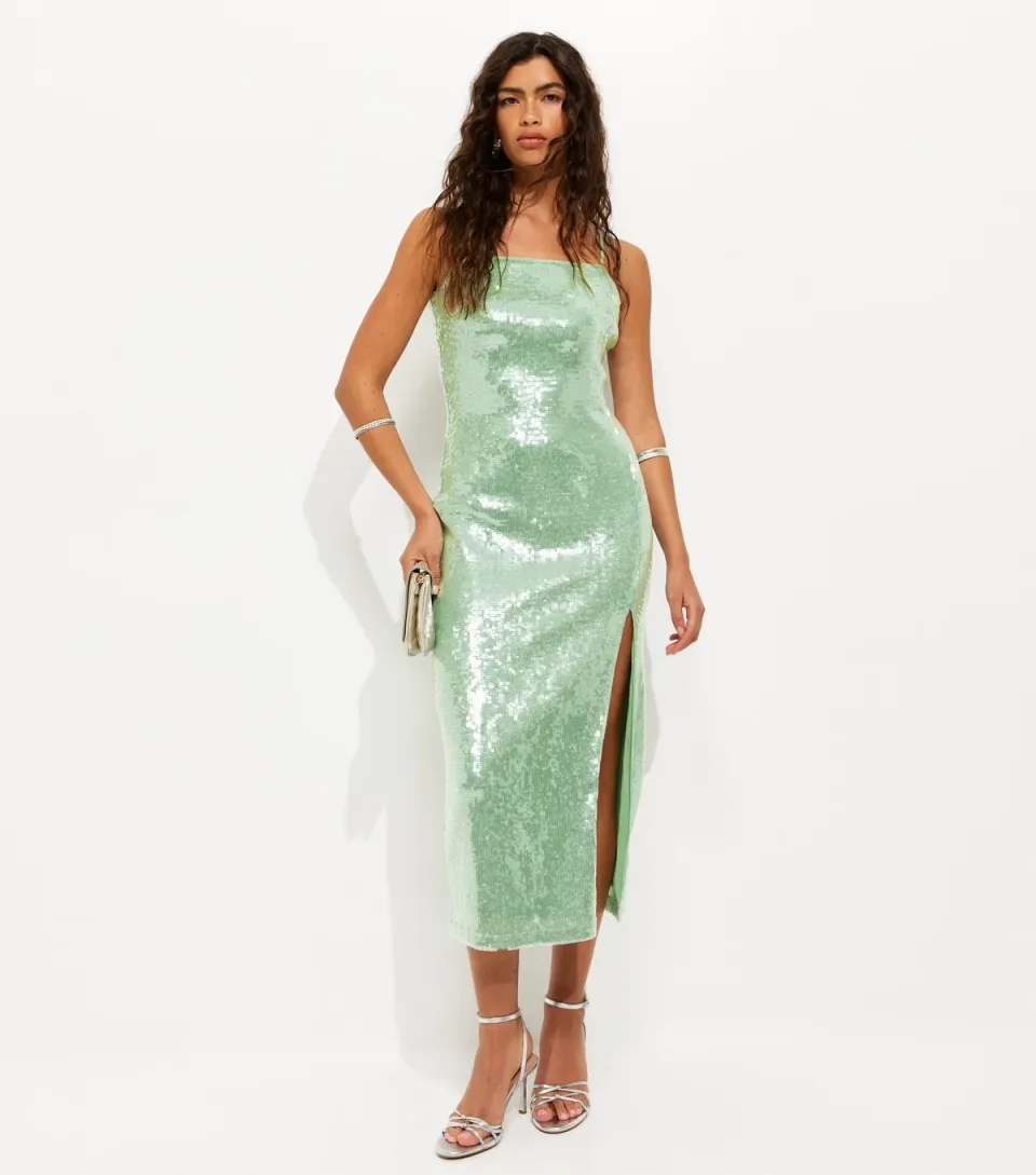 Women's Light Green Sequin Square Neck Midi Dress