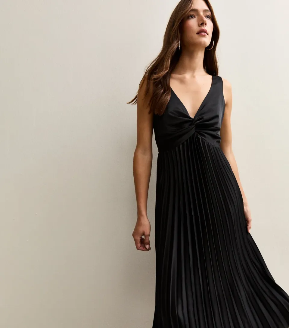 Women's Navy Satin Pleated Midi Dress