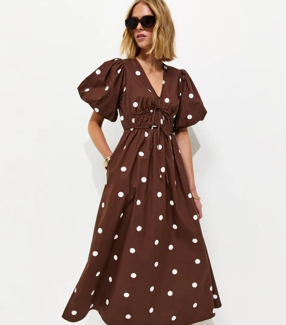 Women's Brown Polka Dot Puff Sleeve Midi Dress