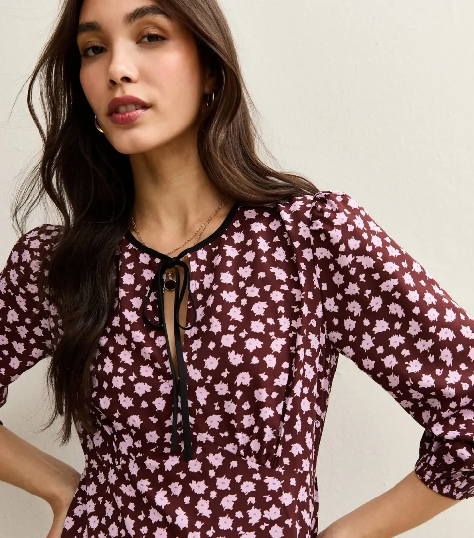Women's Brow Floral Print Tie Neck Midi Dress