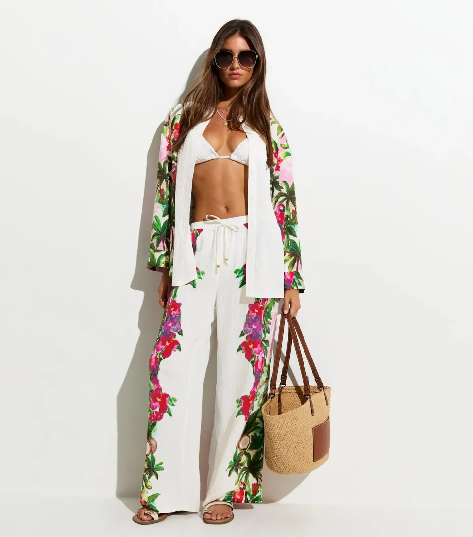 Women's White Crinkle Texture Parrot Print Beach Trousers