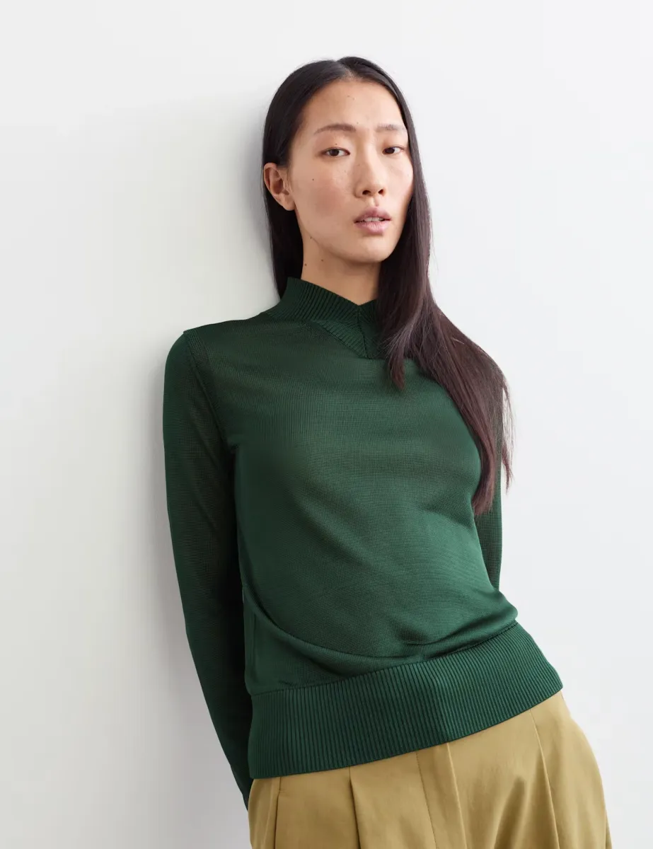 Ribbed High Shine V Neck Jumper Dark Green