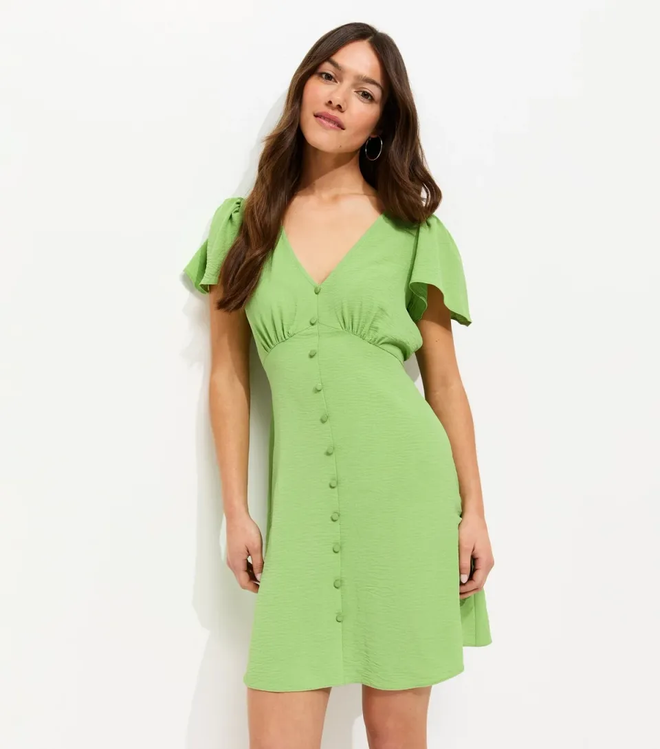 Women's Petite Green Flutter Sleeve Mini Tea Dress