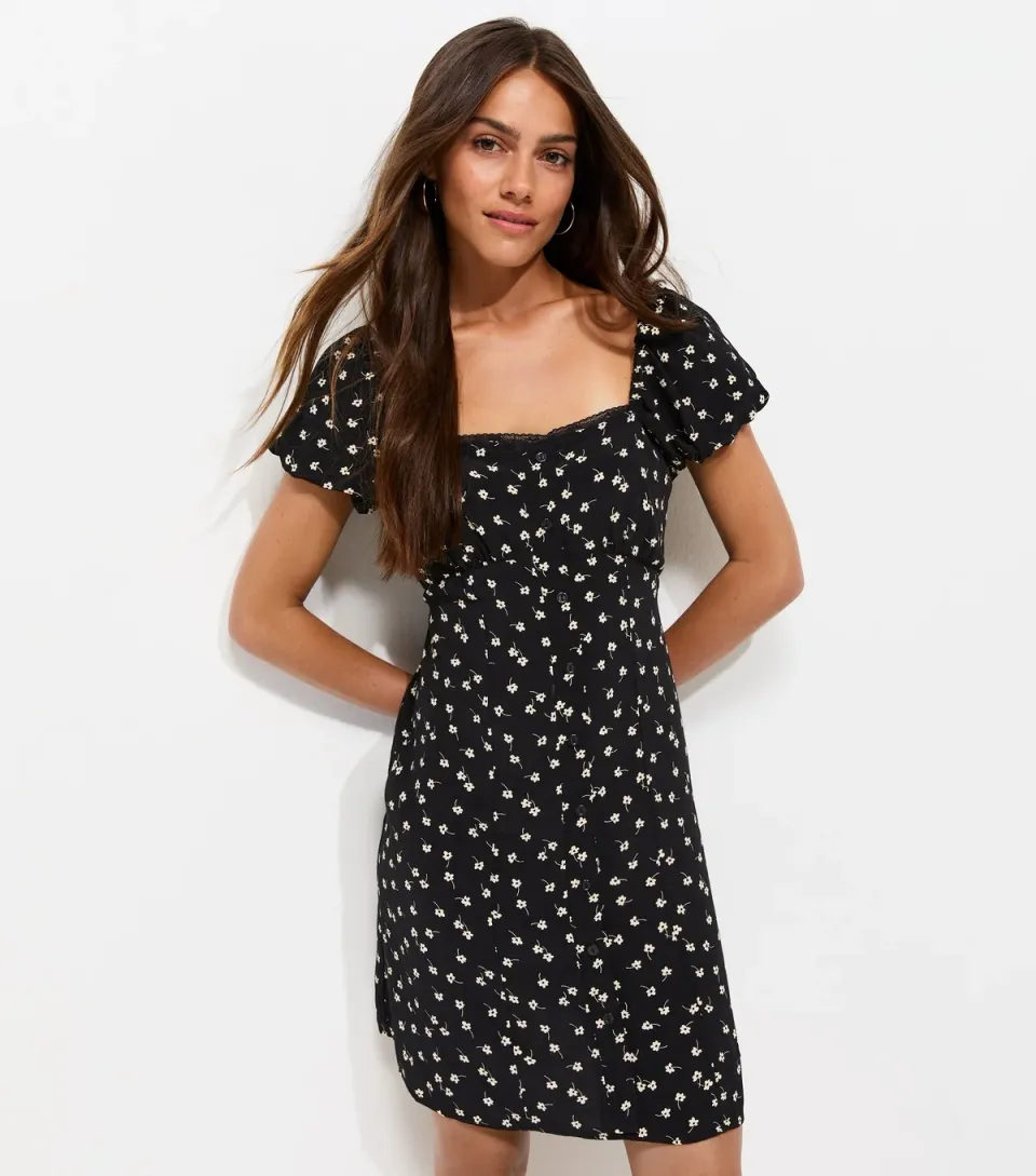 Women's Petite Black Floral Print Faux Button Front Mini Dress