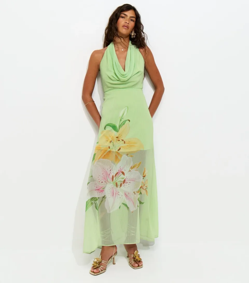 Women's Green Lotus Print Cowl Neck Halter Midi Dress