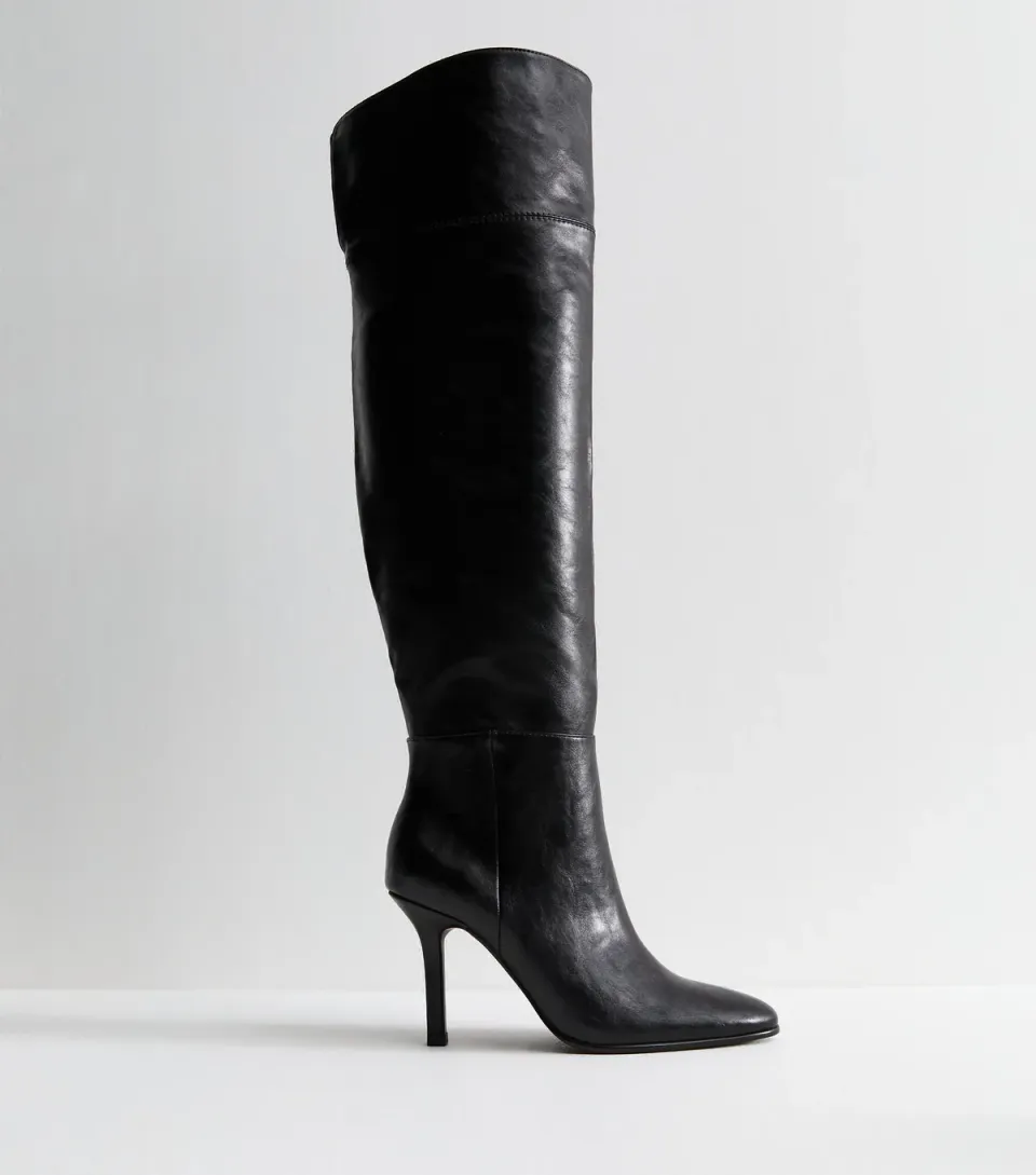 Women's Black Faux Leather Over The Knee Stiletto Boots Vegan
