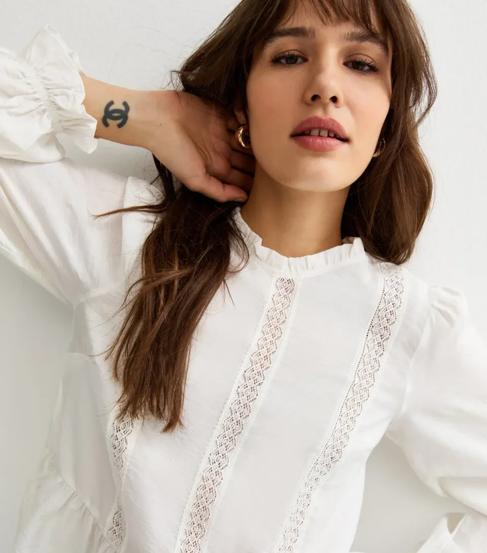 Women's Tall White Lace Insert High Neck Blouse