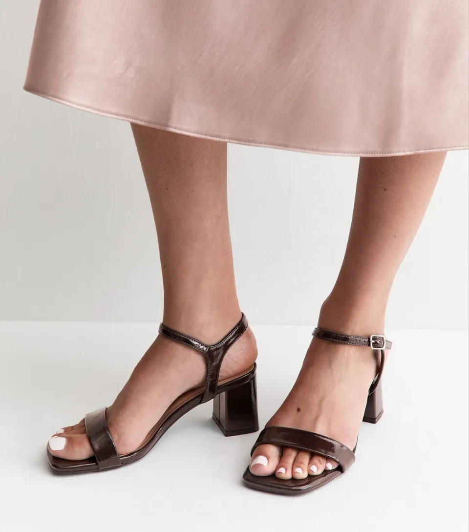 Women's Dark Brown Patent Faux Leather Block Heel Sandals Vegan