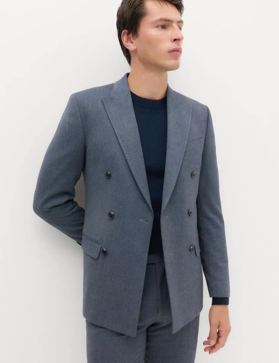 Slim Fit Twill Double Breasted Suit Jacket Blue