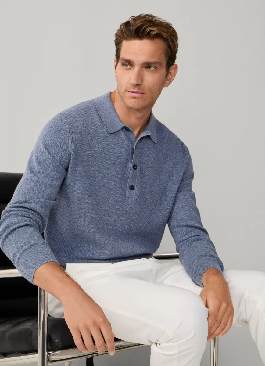 Merino Wool Textured Long Sleeve Knitted Polo