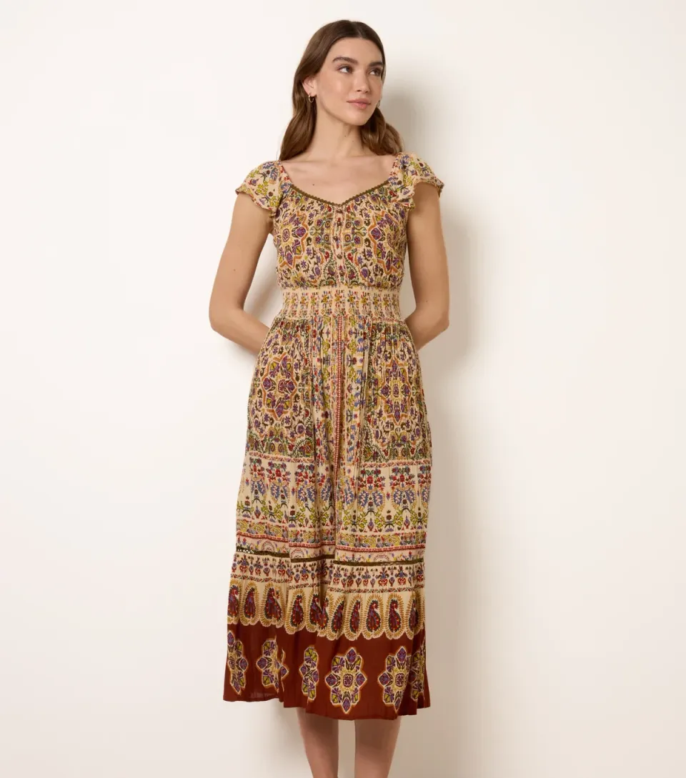 Women's Multi Colour V Neck Midi Printed Dress