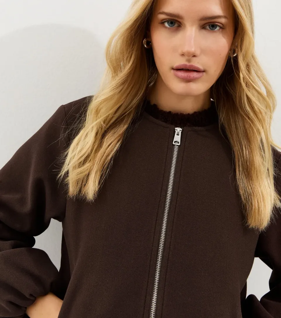 Women's Brown Collarless Zip Through Bomber Jacket