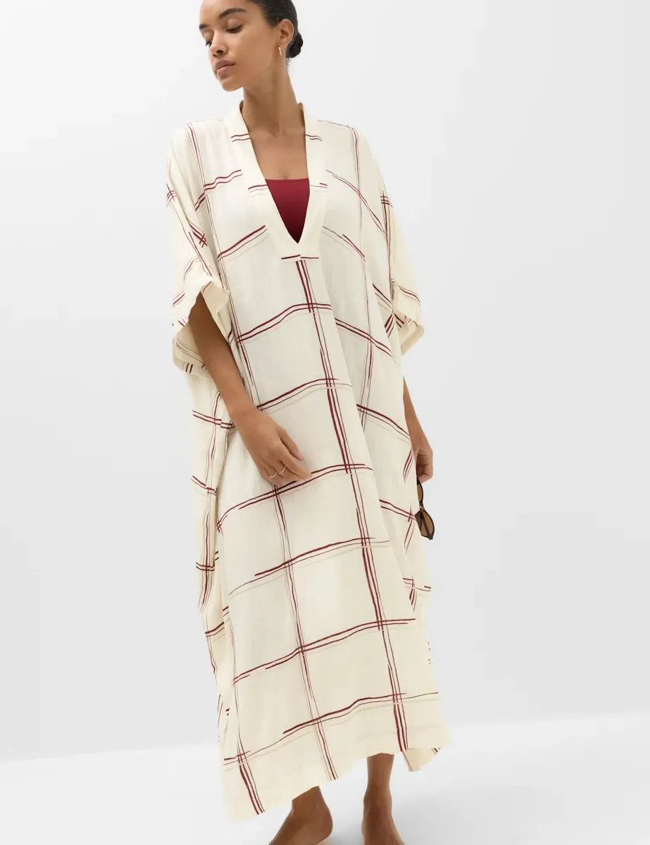 Checked Midi Kaftan Beach Dress with Linen Ivory Mix