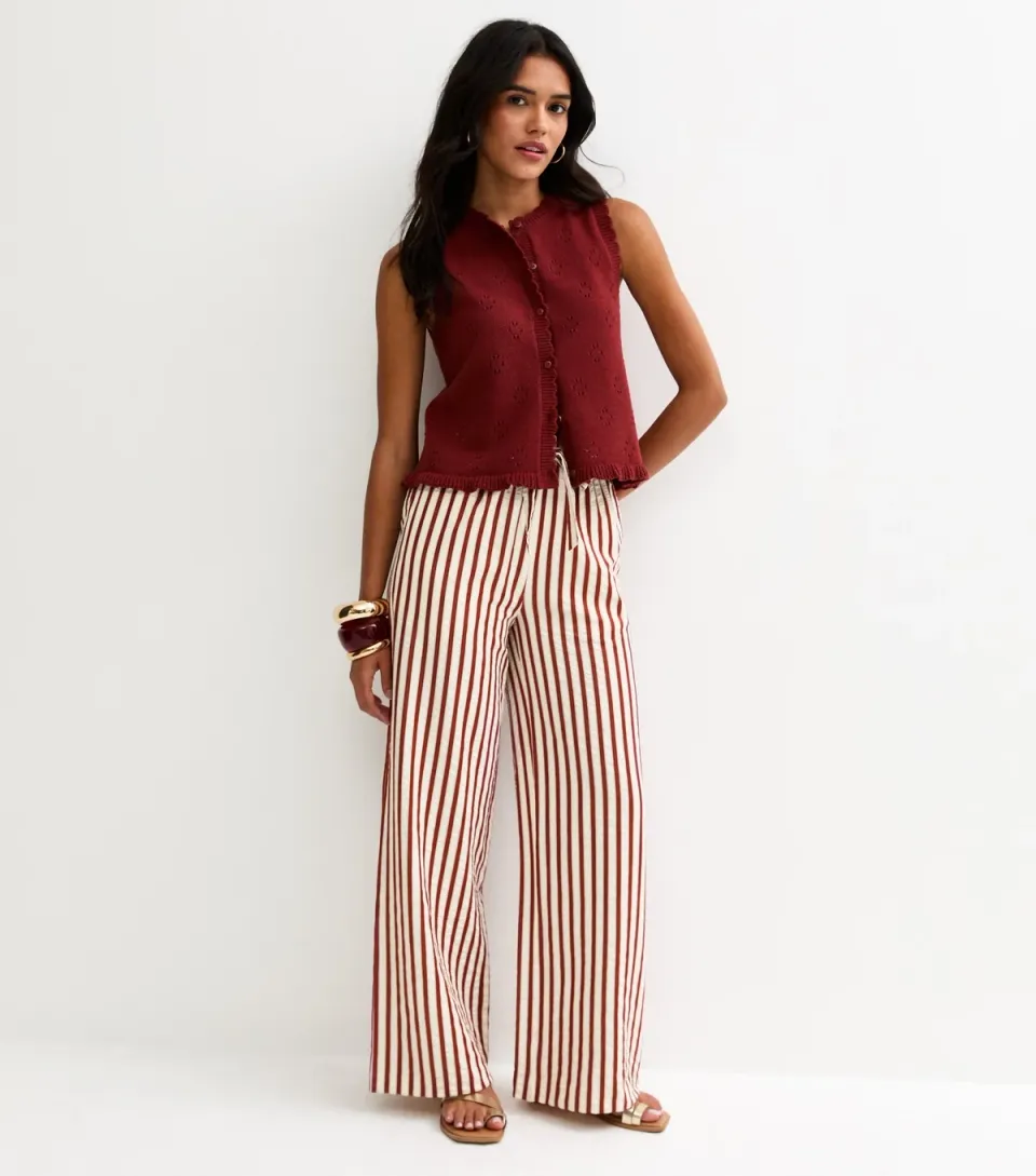 Women's Red Striped Seersucker Wide Leg Trousers