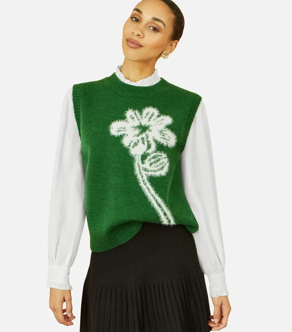 Women's Green Contrast Floral Sleeveless Jumper