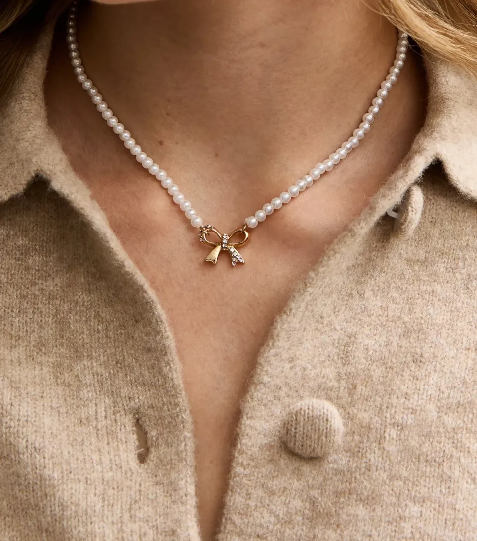 Gold Tone Faux Pearl Diamante Bow Necklace
