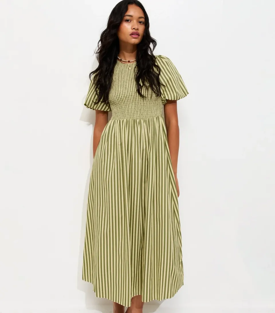 Women's Green Cotton Striped Shirred Midi Dress