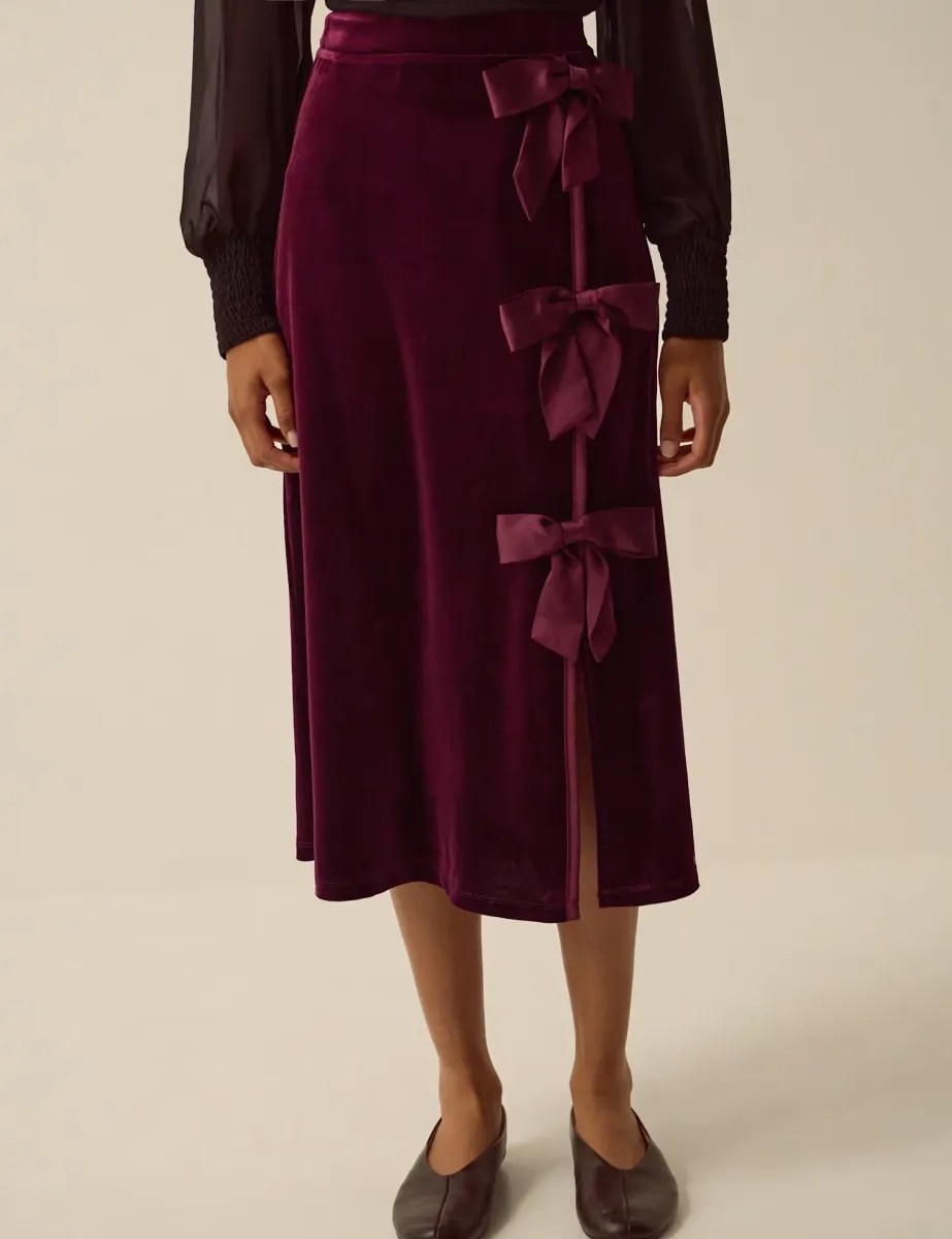 Velvet Bow Detail Midi Pencil Skirt