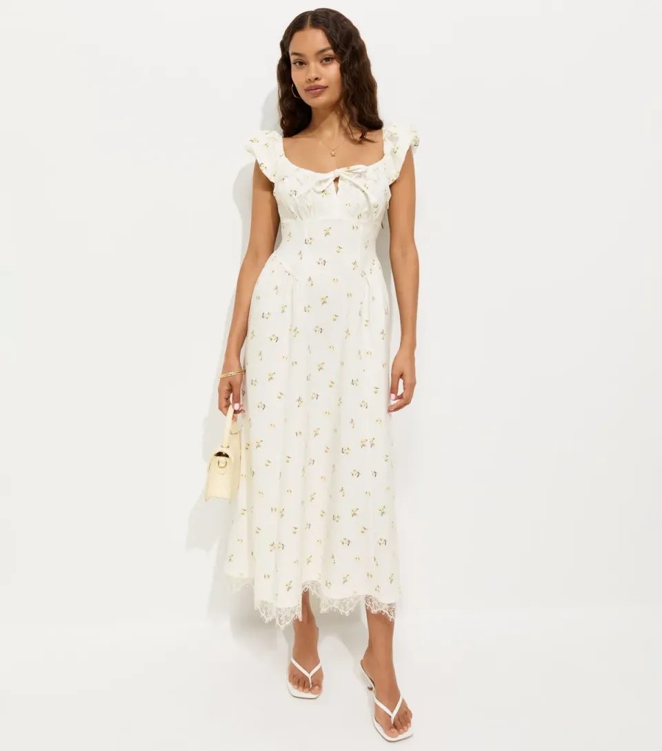 Women's Petite Cream Floral Print Milkmaid Midi Dress